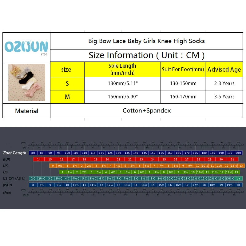 Новое поступление, детские носки, кружевные Гольфы с большим бантом для маленьких девочек, длинные мягкие хлопковые носки, 0-1/1-2/От 2 до 3 лет/От 3 до 5 лет