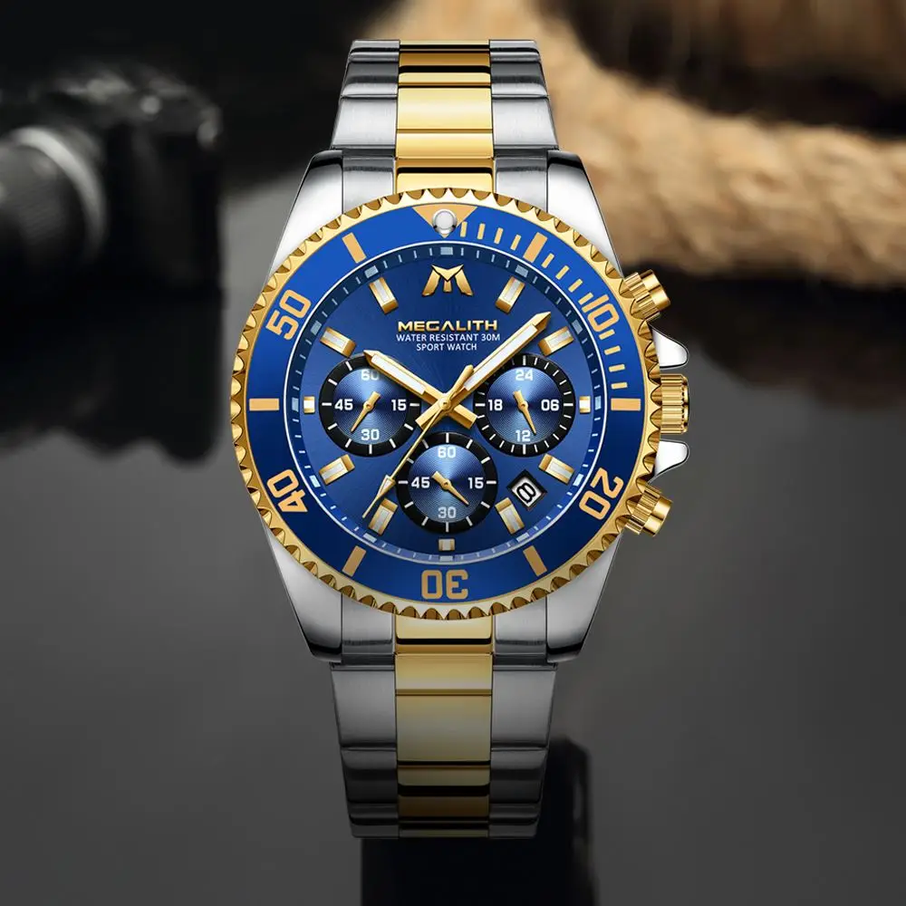 

MEGALITH Luxury Top Brand Men Watch Sport Waterproof Date Chronograph Quartz Watches Men Stainless Steel Wristwatches Clock