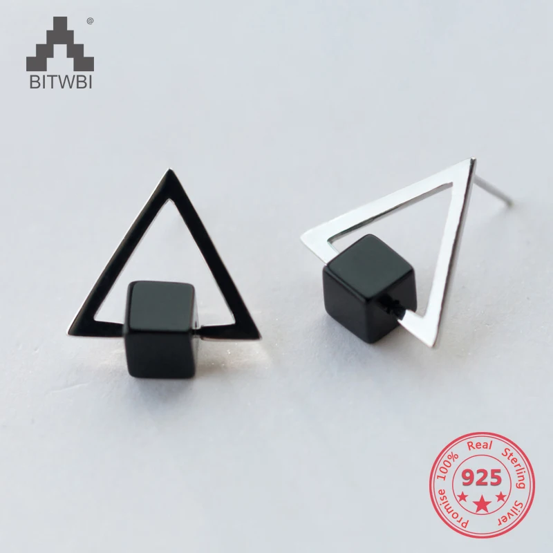 925 Sterling Silver Earrings Black Square Hollow Triangle Stud Earrings For Women Fashion Style Sterling silver jewelry|Stud Earrings| - AliExpress