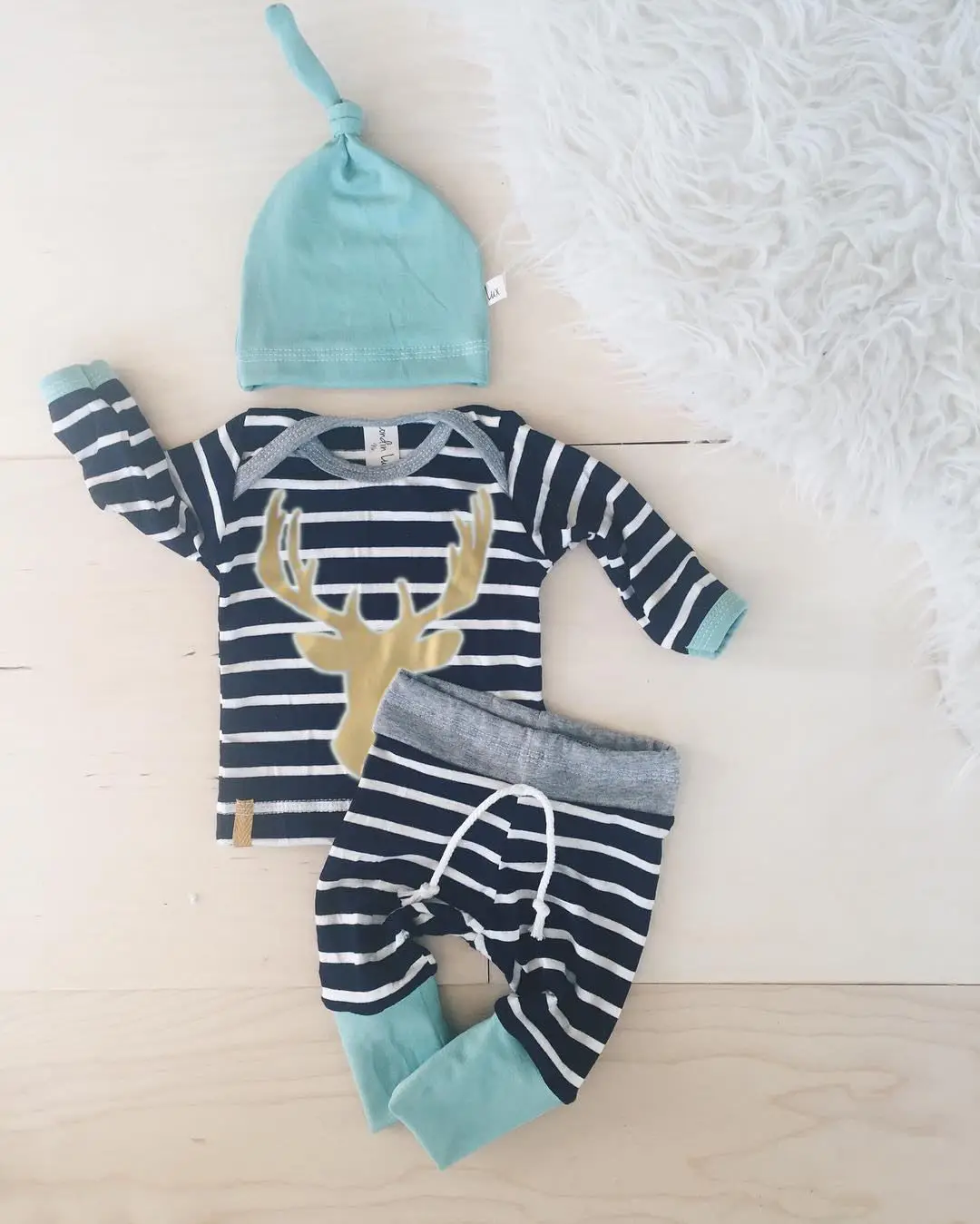 Pudcoco/ осенне-зимние полосатые топы с длинными рукавами для новорожденных мальчиков и девочек+ длинные штаны, шапка, комплект одежды из 3 предметов для детей 0-24 м
