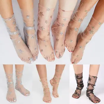 

2019 New Women Glitter Soft shiny Star Moon Ankle Socks Soft Mesh Transparent Elastic Sheer Sock Hot selling