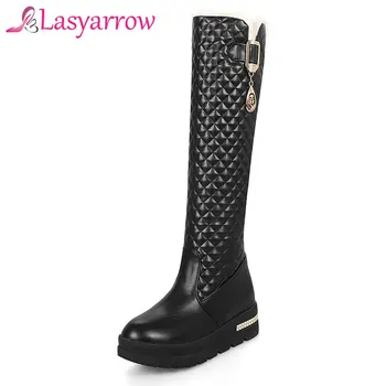 

Lasyarrow Knee High Snow Boots Round Toe Platform Sapatos Femininas Middle Heels Fashion Slip On Botas Mujer Black White 33-43