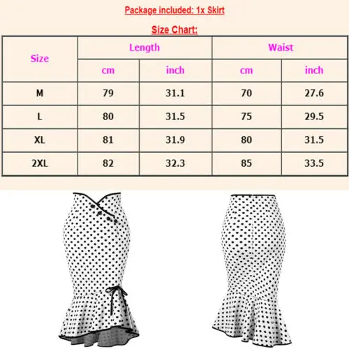 2019 Women's Midi Flounced Skirt Causal Pencil Formal Skirt Work Mermaid Bodycon Dot Skirt