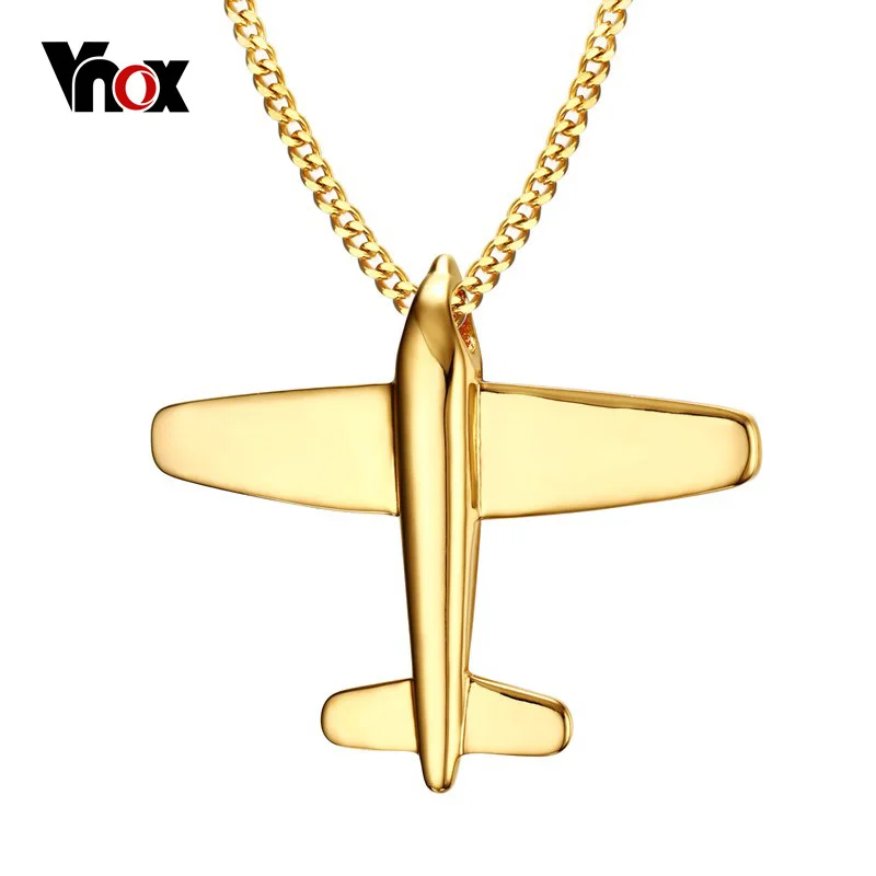 

VNOX Men's Stainless Steel Pendant Necklace Gold-color Aircraft Airplane Shaped Free 24" Chain