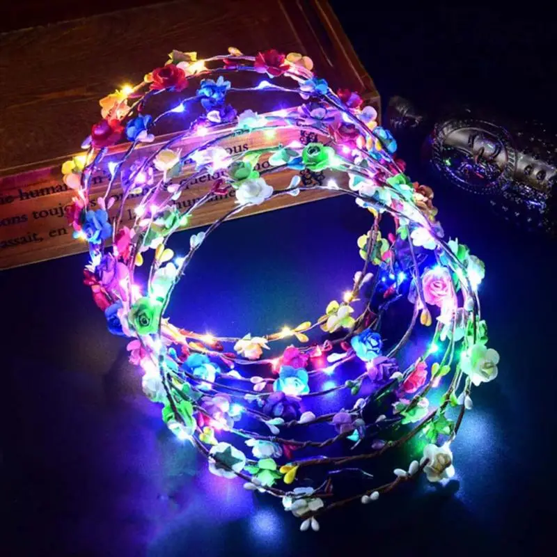 

Hot Sale Christmas Flower Headband LED Light Up Hair Wreath Garlands For Wedding Festival Glow Party Supplies