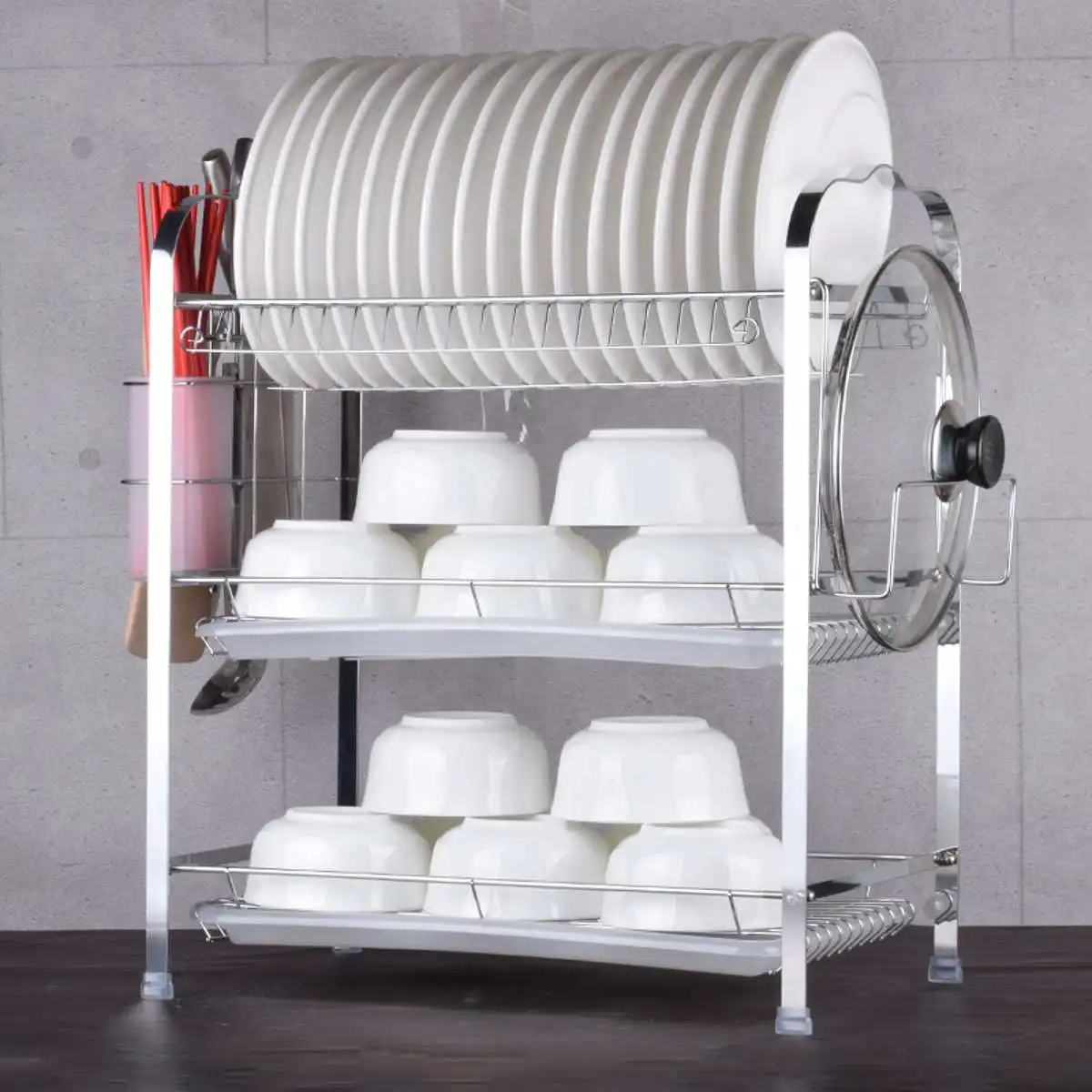 

3 Layer Chrome Alloy Dish Drainer Rack Stand Cup Cutlery Plate Holder Kitchen Bowl Storage Organizer With Drip Tray Stand