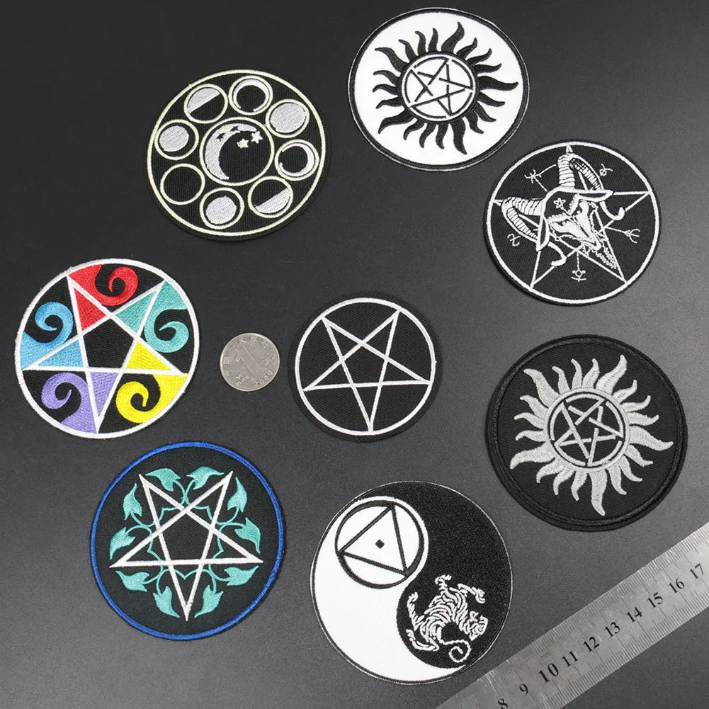

Fine Geometry Magic Circle Embroidered Patches Iron On Stickers Colorful Star Elephant Appliques Sew Moon Coat Jeans Hat Badges