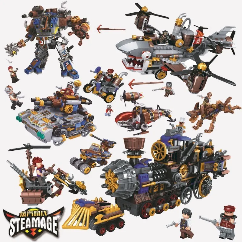 

Steam Punk Style Series Building Blocks Steam Train Motorcycle Car Helicopter Model Blocks Toys For Children Gifts