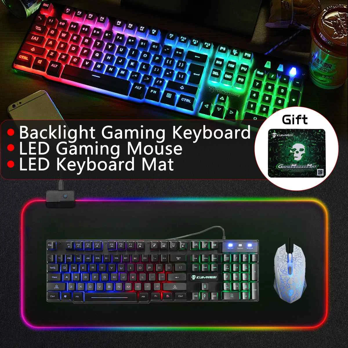 

Wired USB LED Backlight Gaming Keyboard and Game Mouse Combo Illuminated 2400DPI Optical Gamer Mouse Sets + RGB Mouse Pad
