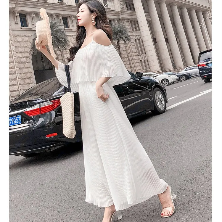 

Women 2019 Summer New Chiffon Jumpsuit Solid Sweet Cold Shoulder Pleated Spaghetti Strap Jumpsuits Long Wide Leg Rompers