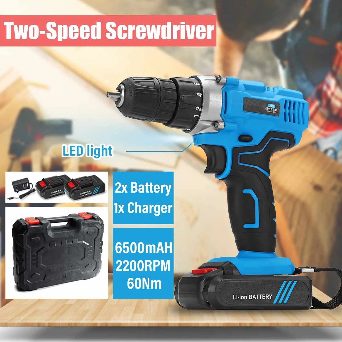 21V 6500mAh 2-Speed 2200RPM Electric Screwdriver Kit 2 Li-Ion Batteries Rechargeable LED Electric Cordless Drill Power Tool 10mm 21V 6500mAh 2-Speed 2200RPM Electric Screwdriver Kit 2 Li-Ion Batteries Rechargeable LED Electric Cordless Drill Power Tool 10mm