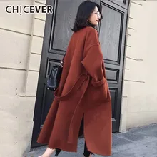 CHICEVER осень зима куртки для женщин пальто с лацканами длинным рукавом на шнуровке Свободные Толстые Подола пальто с разрезом Женская корейская мода