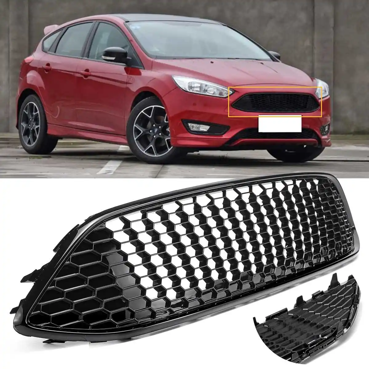

High quality black sport Honeycomb mesh cover front bumper centre Grille Panel for Ford for Focus hatchback/estate 2015-2017