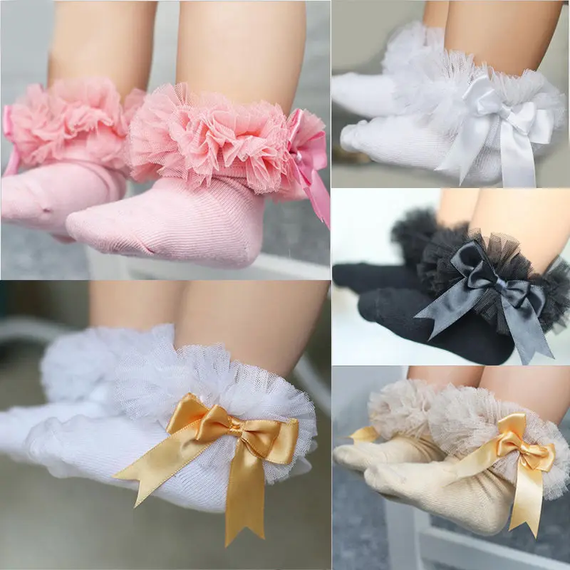 Кружевные носки с бантиком для новорожденных девочек и мальчиков От 0 до 6 лет однотонные Хлопковые вязаные короткие носки принцессы с оборками