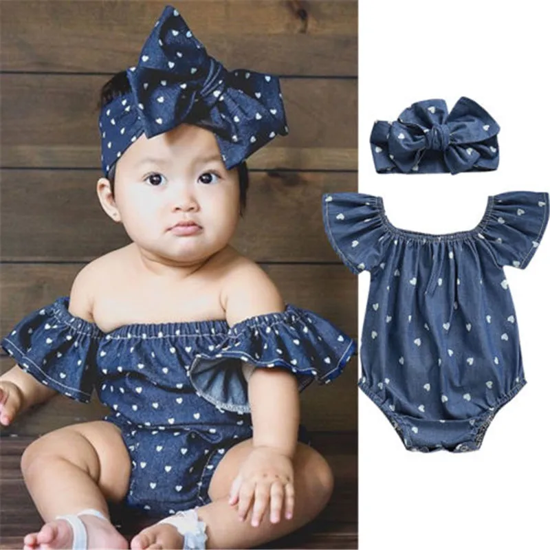 

Newborn Kids Baby Girls Valentine's Day Clothes Summer Sets Ruffle Sleeve Off Shoulder Romper Headband Heart Printed 2Pcs 0-24M