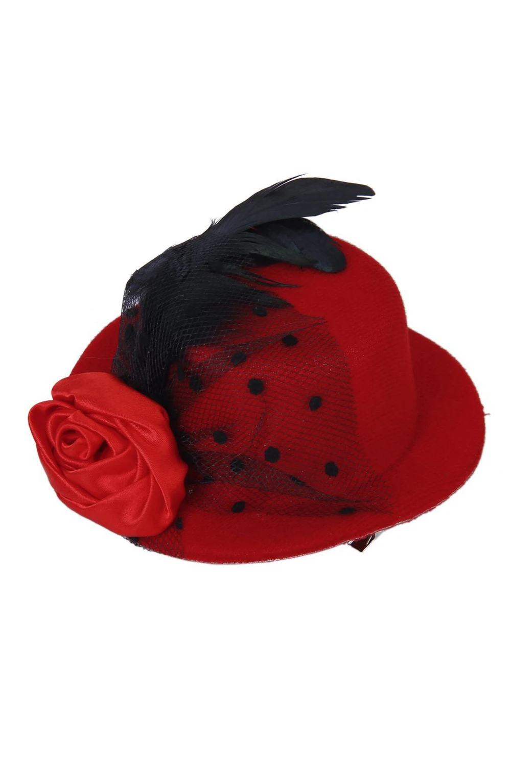 

Ladies Hair Clip Decorated Net Yarn Feather Burlesque Mini Top Hat Red Punk