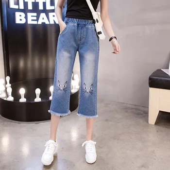 

5Xl Knee Cat Embroidered Jeans Women Plus Size High Waist Wide Leg Capri Jeans For Women Baggy Elastic Waist Capri Denim Pants