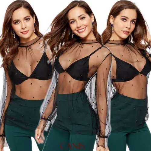 2019 для женщин обувь девочек сетки Sheer Crop Top с длинным рукавом Прозрачный рубашка