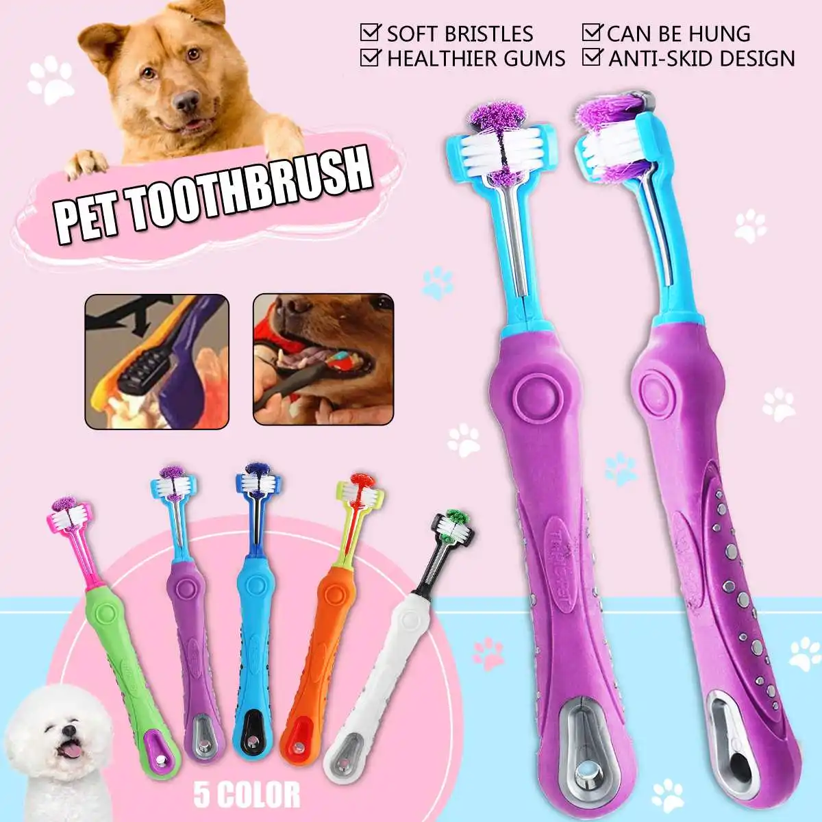 

1Pcs Three Head Dogs Toothbrush With Non-slip Handle Teeth Care Dog Cat Cleaning Mouth Teeth Cleaning 5Colors