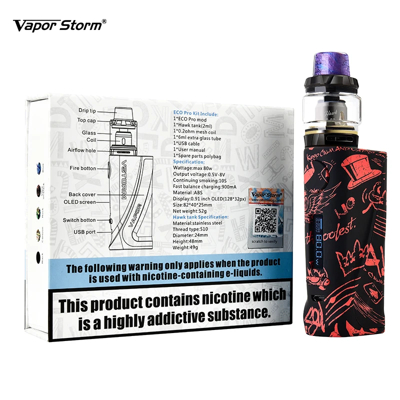 

Vapor Storm ECO Pro 80w Hawk Electronic Cigarettes Kit Colorful OLED Screen Without 18650 Box Mod 2ml Sub Ohm Tank Vape Kits