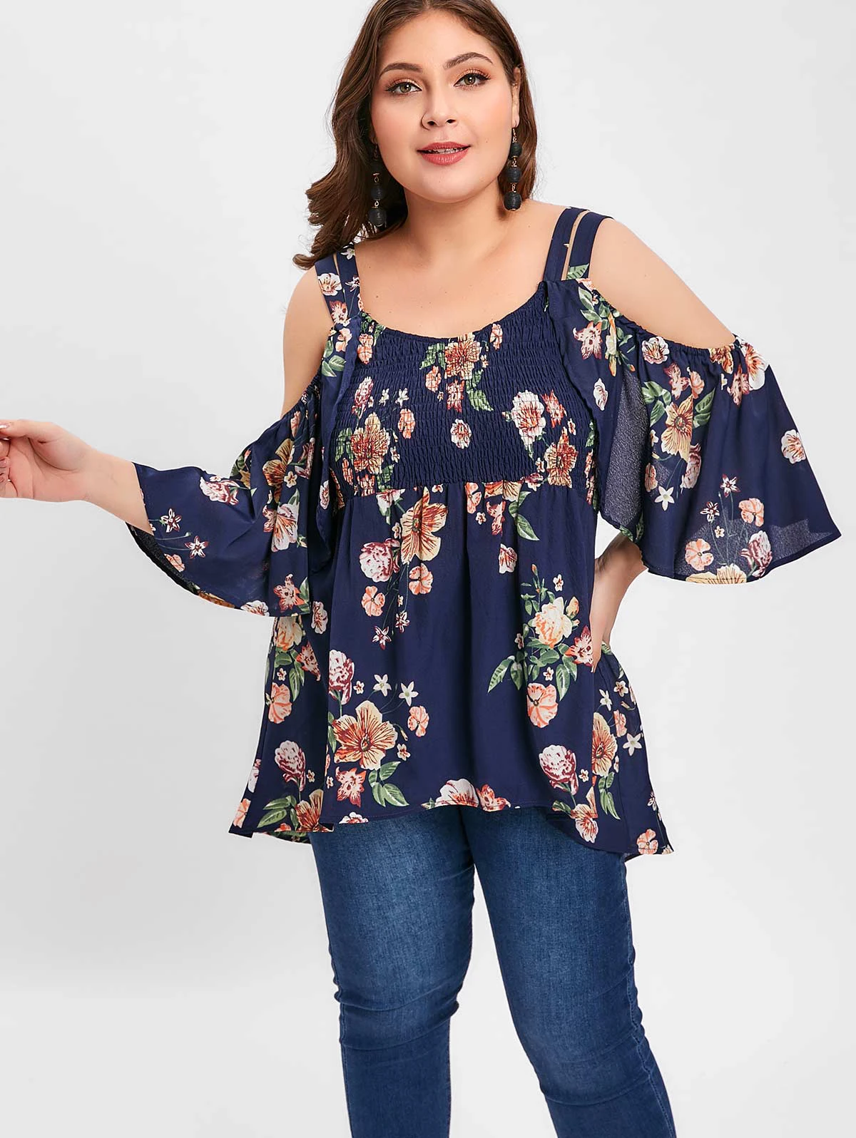 Wipalo Plus Size Open Shoulder Floral High Low T Shirt Casual Print O