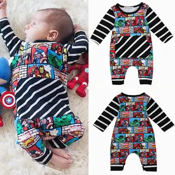 

Pudcoco JUMPSUITS For Boy Superhero Newborn Baby Boy Stripe Cotton Romper Jumpsuit Outfit Clothes