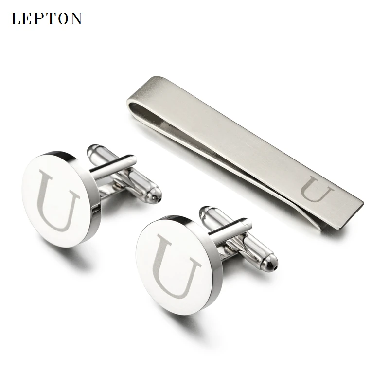 

Lepton Round Laser Letter Cufflinks And Tie Clips Set Letters U Cuff links For Mens French Shirt Cuffs Cufflink Relojes Gemelos