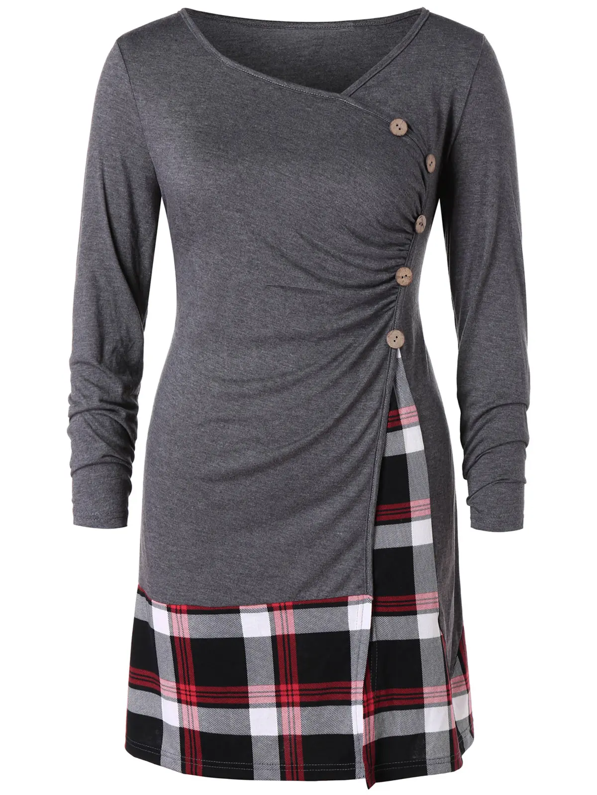 

Rosegal Plus Size Plaid Buttons Draped Tunic T-Shirt Women Tops Spring Autumn Casual T Shirt New Fashion V Neck Long Sleeve Tees