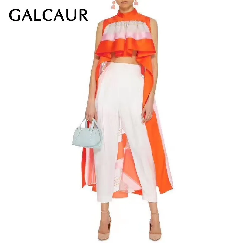 

GALCAUR Casual Hit Color Asymmetrical Women Blouse Stand Sleeveless Striped Loose Shirt Female Summer 2019 Fashion Clothes New