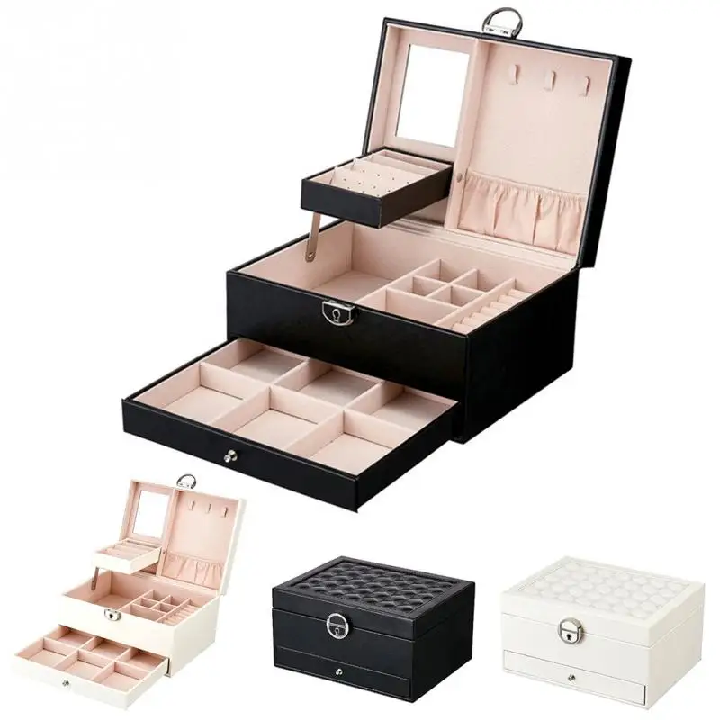 

Storage Simple Solid Stud Necklaces Key With Mirror Rings Jewelry Box Portable Earrings Display Makeup Organizer Gift With Key