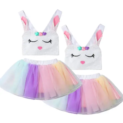Pudcoco Easter Clothes 2Pcs Sleeveless Baby Girl Bunny Shape Bandage Tank Toddler Top+Rainbow Striped Tutu Skirt Kid Cosplay Set | Детская