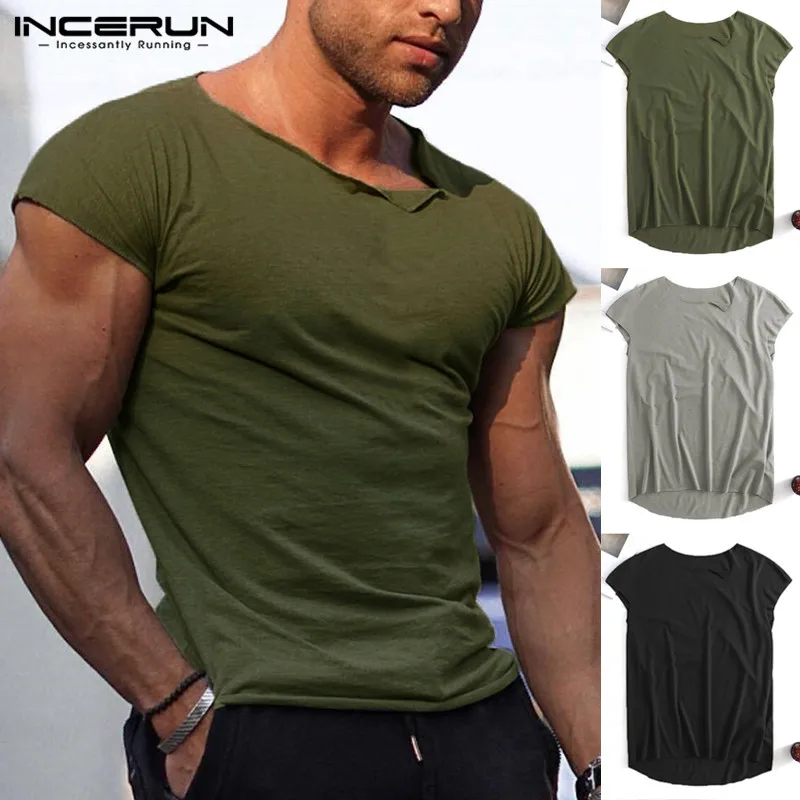 

INCERUN 2019 Fashion Mens T Shirt Muscle Short Sleeve Slim Fit Solid Bodybuilding Summer Tee Tops Breathable T-shirts Men S-5XL