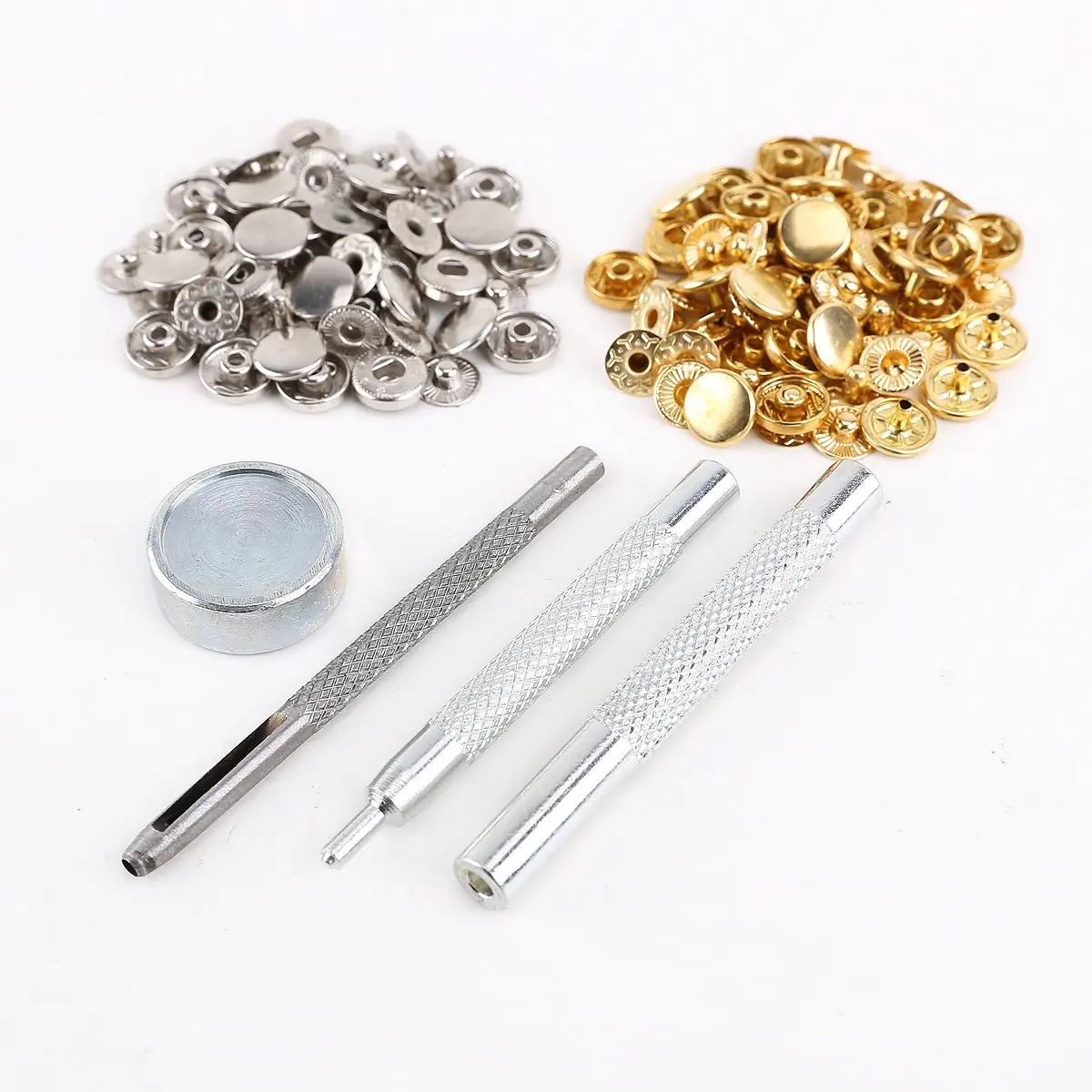 

15pcs silver + 15 pcs gold 10mm Metal push button + fixing tool for leather