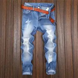 Новые мужские рваные джинсы для мужчин Мода проблемных High Street отверстие дизайн ботильоны длина поп байкер джинсы женщин