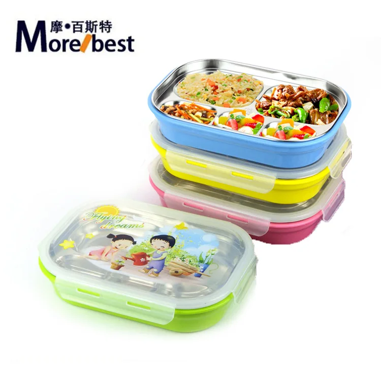 

Kindergarten Cartoon Tableware 304 Stainless Steel Children Lunch Box Rectangular Grid Lunch Box Water Injection Insulation