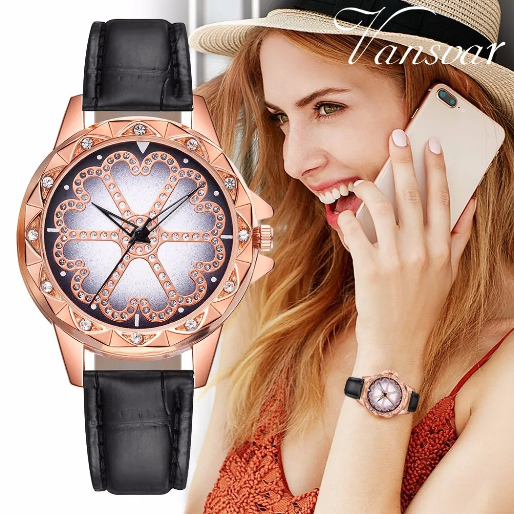 

Vansvar Brand Fashion Women Rose Gold Leather Lucky Flower Rhinestone Watch Luxury Female Quartz Watch Clock Relogio Feminino