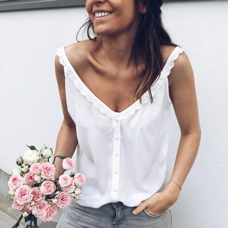 

Women Casual Loose Summer Top Lace Sleeveless Blouse Breathable Basic Vest loungewear Solid debardeur femme camisetas mujer