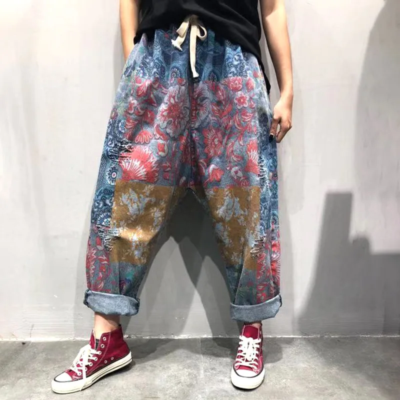 

Women Vintage Printed Jeans Plus Size Wide Leg Cowboy Pants Elastic Waist Loose Big Drop Crotch Denim Travel Joggers Trousers
