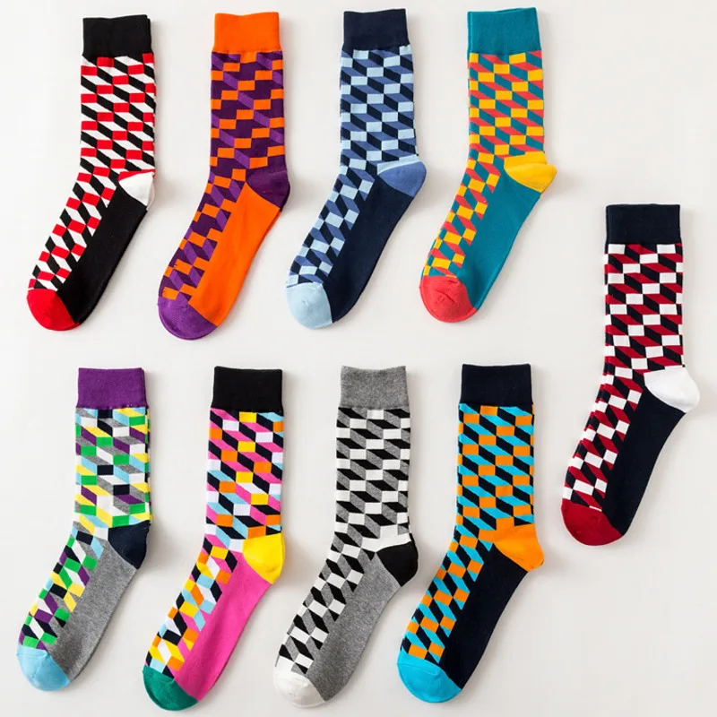 

Men Socks Fashion Colorful Cotton Plaid Geometric Lattice Striped Happy Funny Harajuku Hip Hop Street Male Stitching Casual Sock