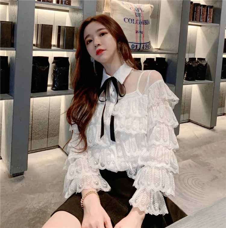  2019 Spring Girls Transparent Lace Blouses Shirts Tees Female Ruffles Sleeve Fairy Blouses Tops For