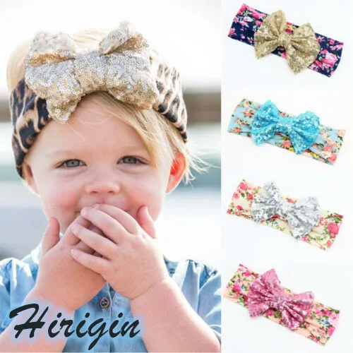 

Children's Headbands 2019 Hot Kids Girl Big Sequined Bowknot Headband Casual Floral Print Headbands
