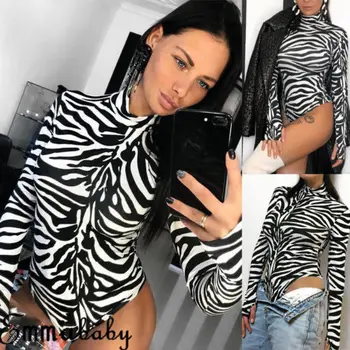 

2019 Fashion New Hot Women Turtleneck Long Sleeve Animal Camo Tartan Print Bodysuit Ladies Leotard