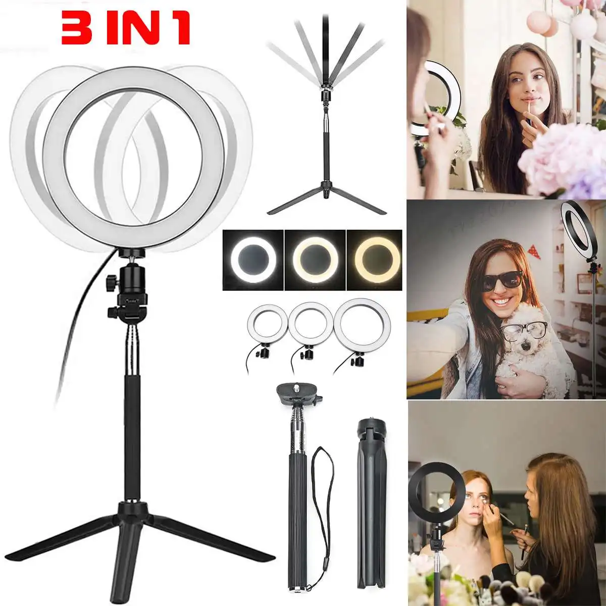 

3 IN1 Dimmable LED Ring light Kit with Photography Selfie Light Photo Tripod Stand Self-monopod for Makeup Video Shooting