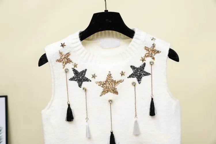 Вязанные пуловеры с рисунком звезды, женские топы, летняя футболка с кисточками и блестками, S-XL, 2 цвета