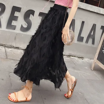 

2019 Summer New Pattern Fashion Tightness Tassels Feather Long Half-body A-line Skirt Woman