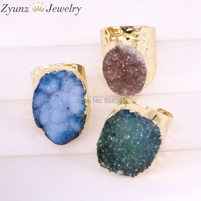 5 шт. ZYZ330-4294 Модные кольца с позолотой гальваническим подлинным агатом кварцевым камнем Drusy кольцо для женщин