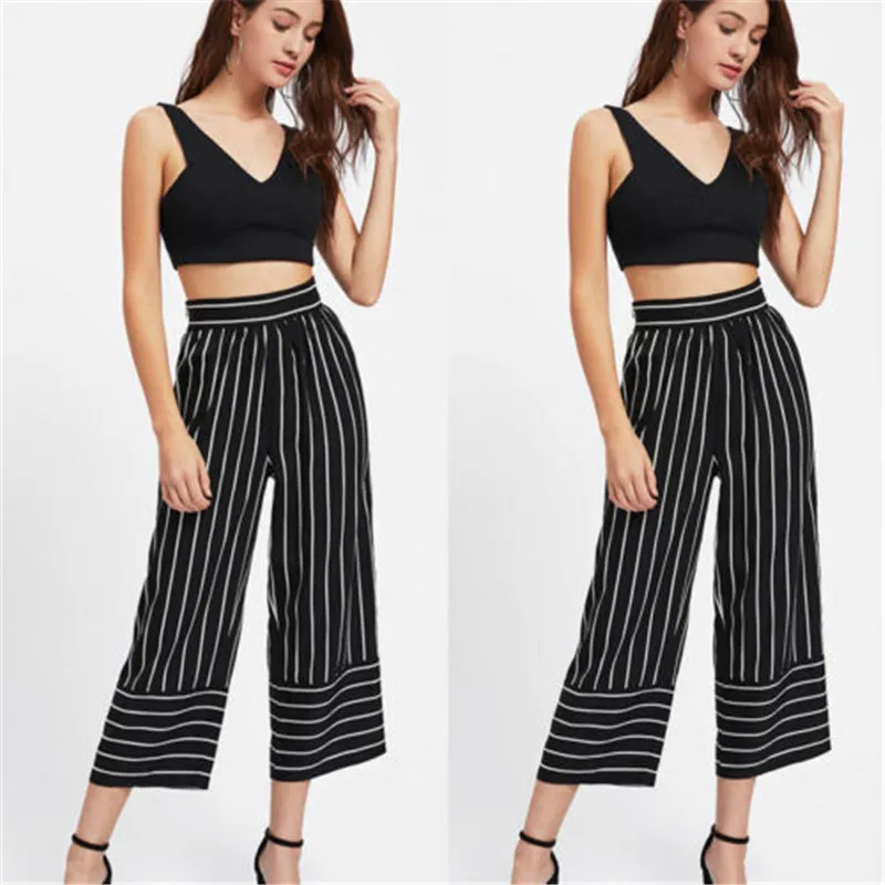 Женские широкие брюки в полоску элегантные с высокой талией 2019|Брюки |