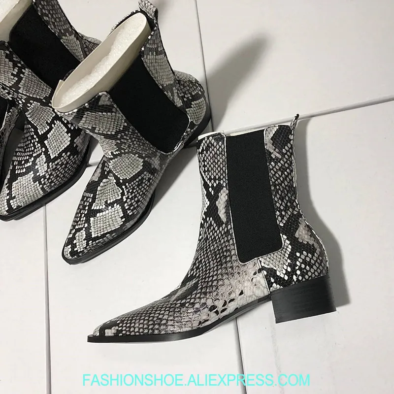 

Snake Skin Pointy Toe Women Ankle Boots Python Print Chunky Heel Martin Boots Grey Wine Red Botas Mujer Slip On Stretch Booties