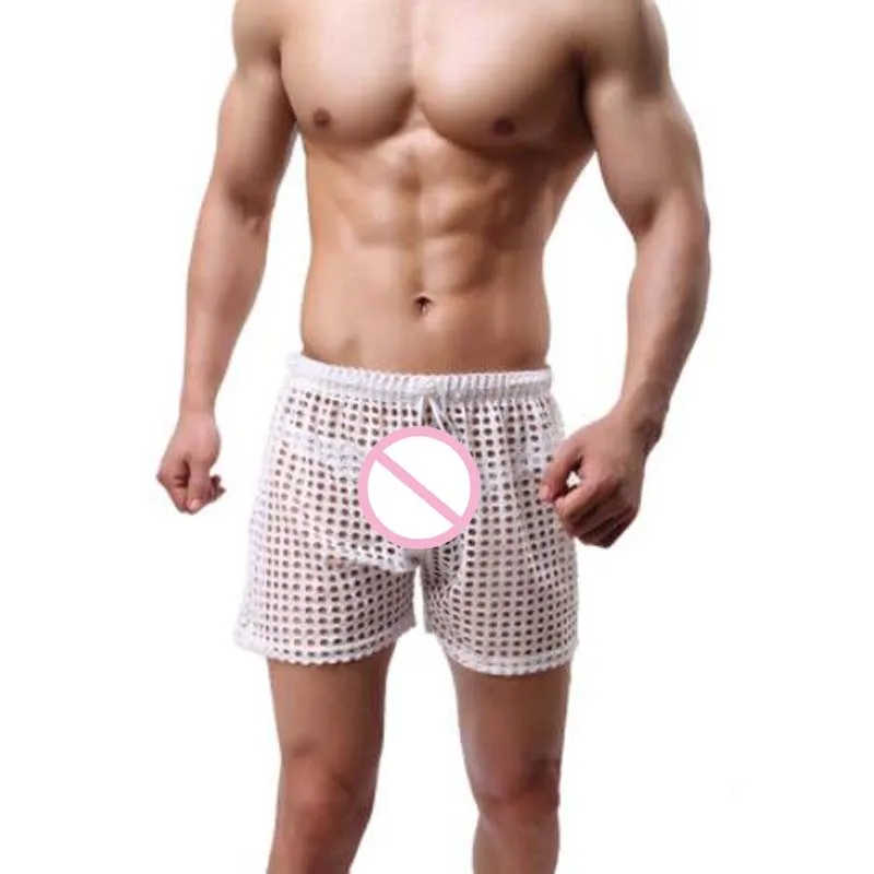 

Men Shorts Sexy Grid Fishnet Transparent Short Fashion 2019 See Through Sleep Bottoms Sleepwear Leisure Home Wear
