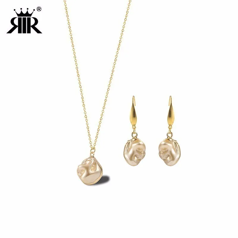 

RIR Fashion Stainless Steel Jewelry Set Geometry Gold Color Pendant Necklace Gold Type Variety Green Stone Earrings For Gift